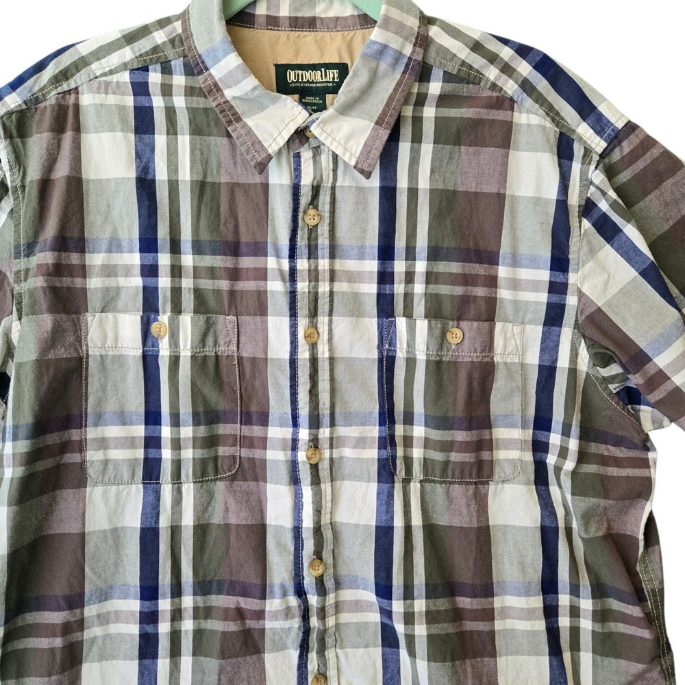 Outdoor Life Mens XL Short‎ Sleeve Plaid Button Down Shirt Cotton Blue Green